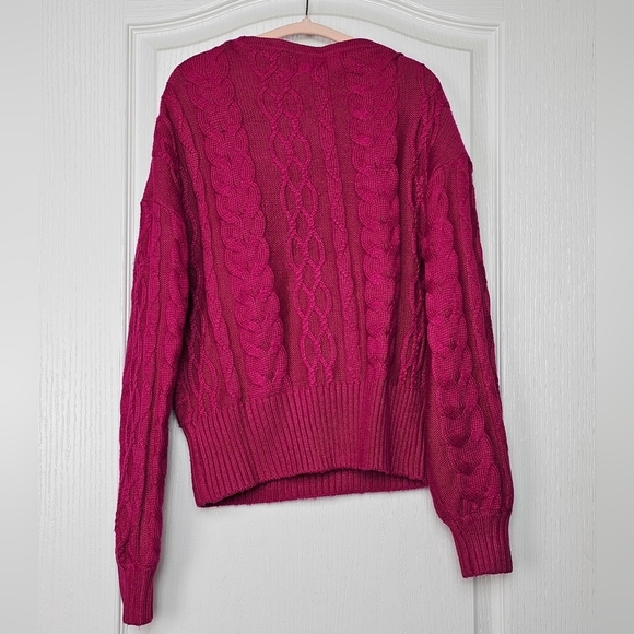 Express Womens Cable Knit Asymmetrical Long Sleeve Sweater Bright Fuchsia XS - Picture 4 of 7